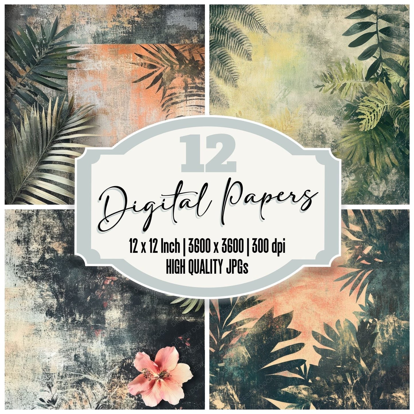 Faded Tropical Gritty Background Digital Paper Pack (DDD001672)