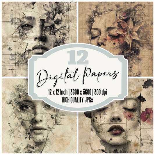 Fading Face and Florals Digital Paper Pack (DDD001676)