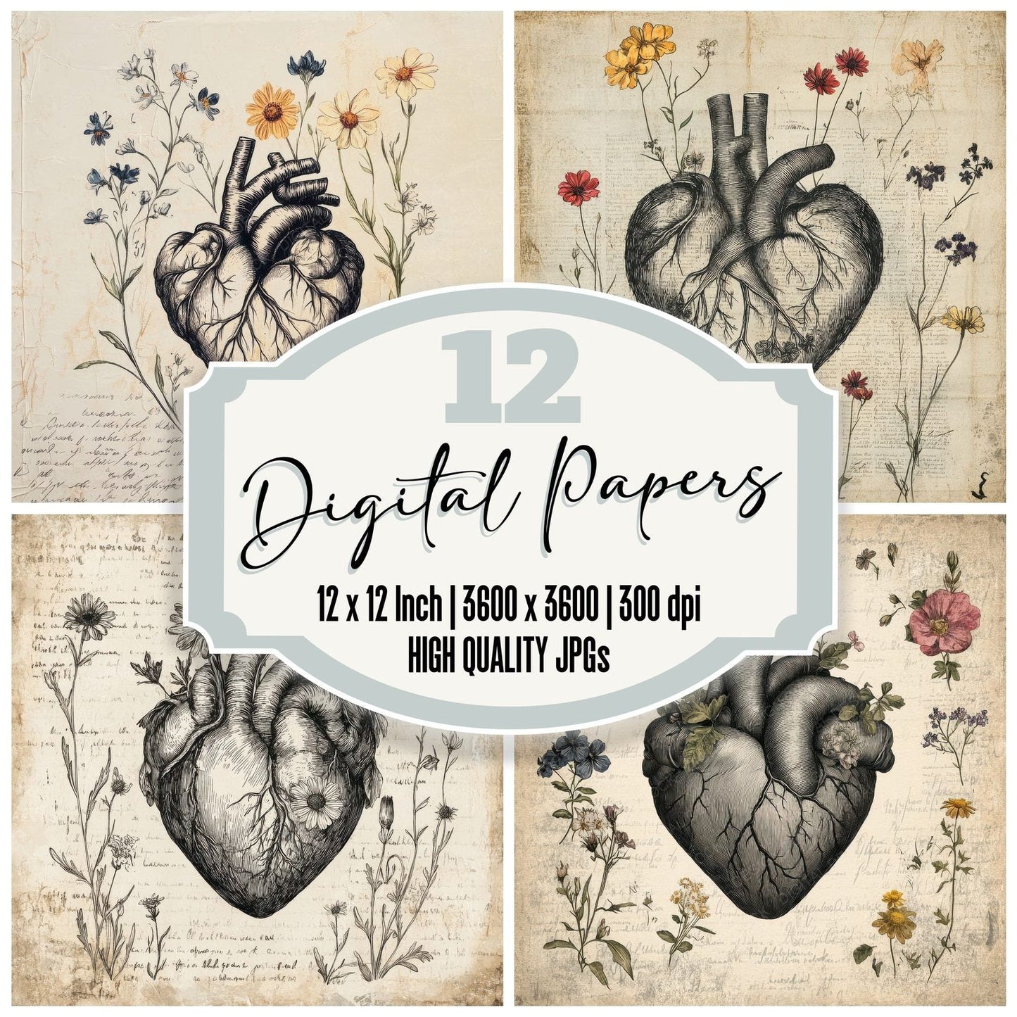 Floral Anatomical Heart Digital Paper Pack (DDD001730)