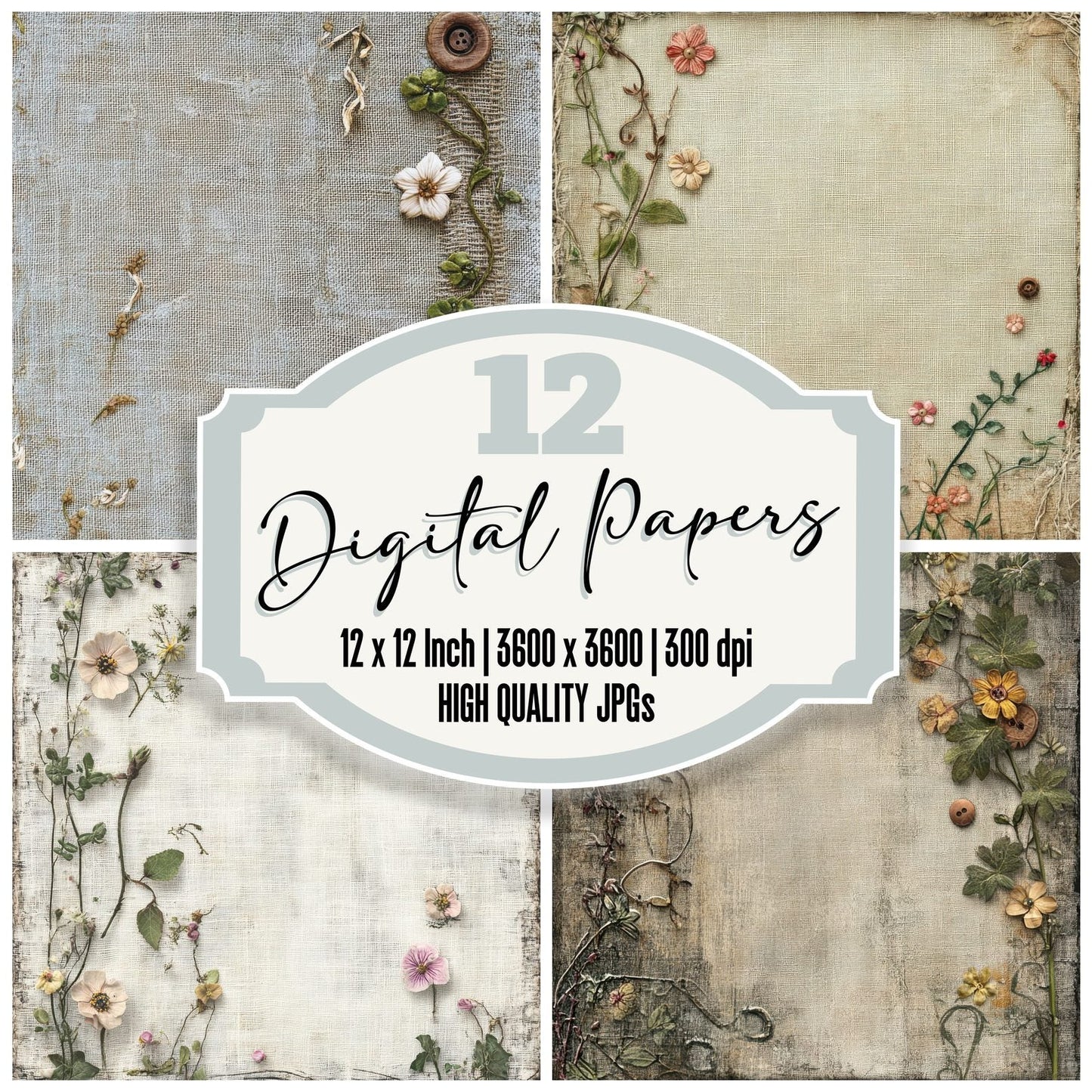 Floral Canvas Botanical Patches Background Digital Paper Pack (DDD001732)