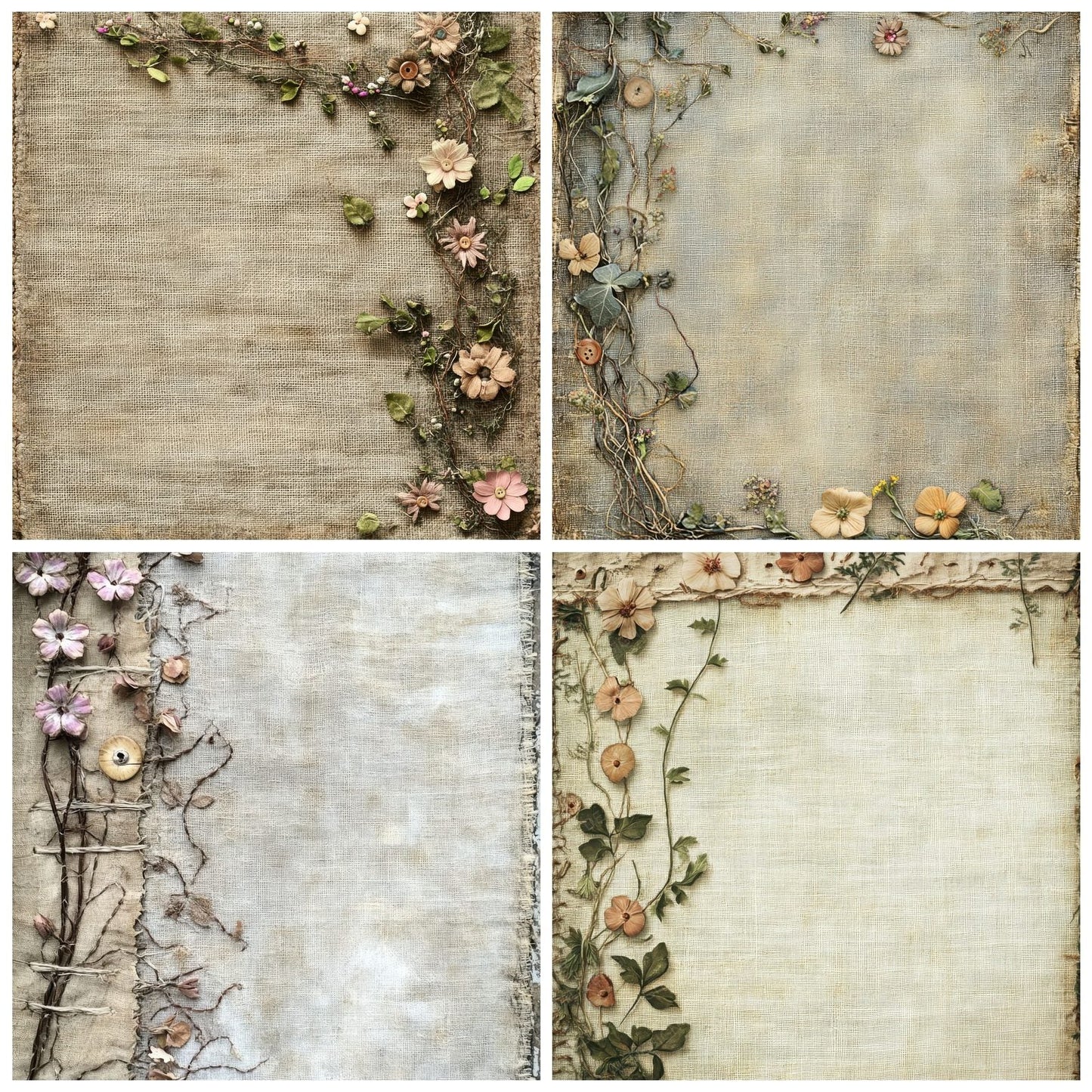 Floral Canvas Botanical Patches Background Digital Paper Pack (DDD001732)