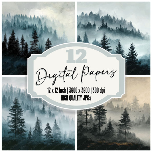 Foggy Pine Forest Silhouette Digital Paper Pack (DDD001749)