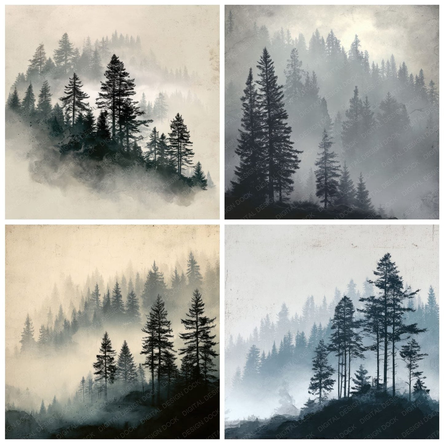 Foggy Pine Forest Silhouette Digital Paper Pack (DDD001749)