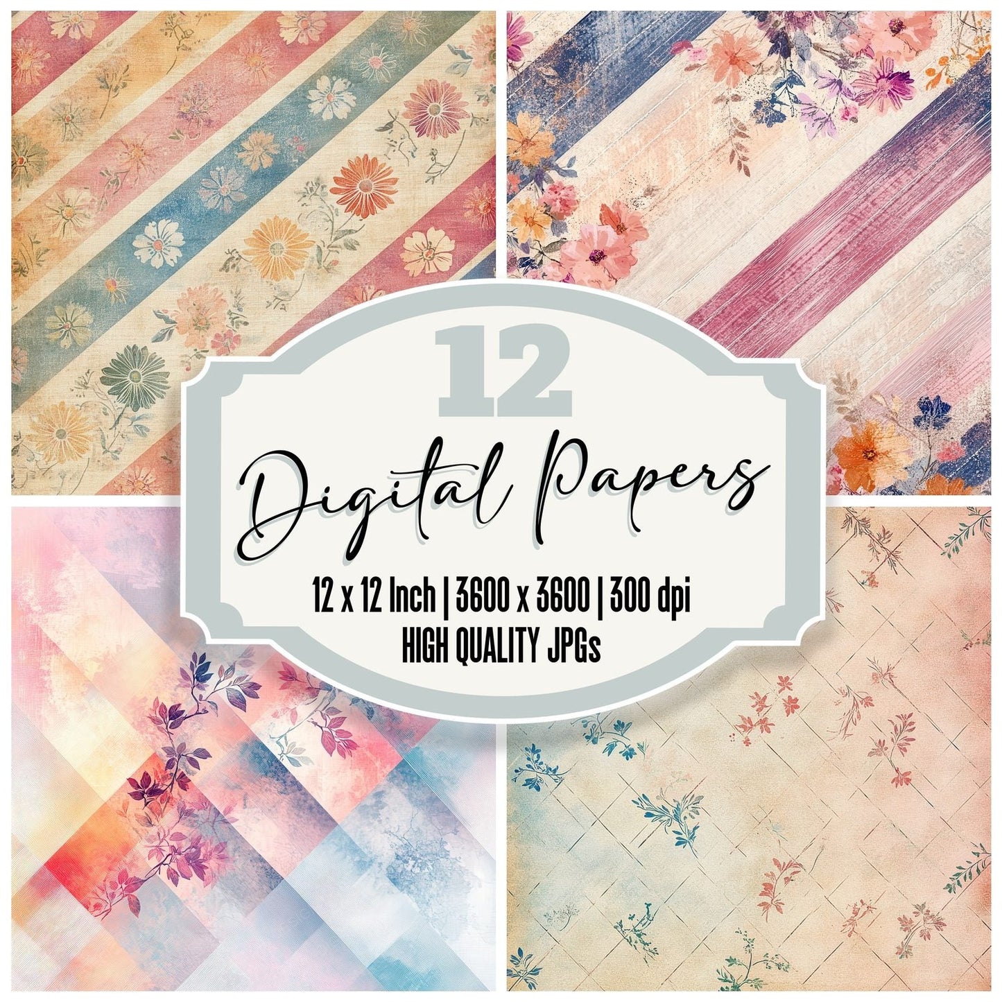 Folk Floral Stitch Quilt Digital Paper Pack (DDD001761)