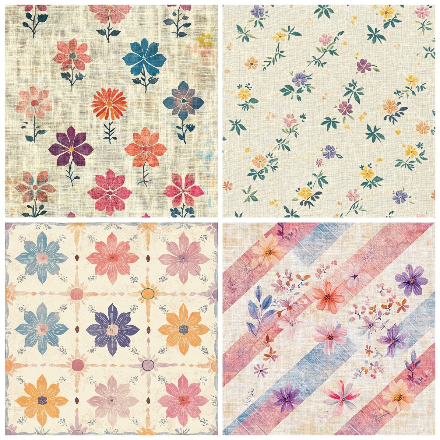 Folk Floral Stitch Quilt Digital Paper Pack (DDD001761)