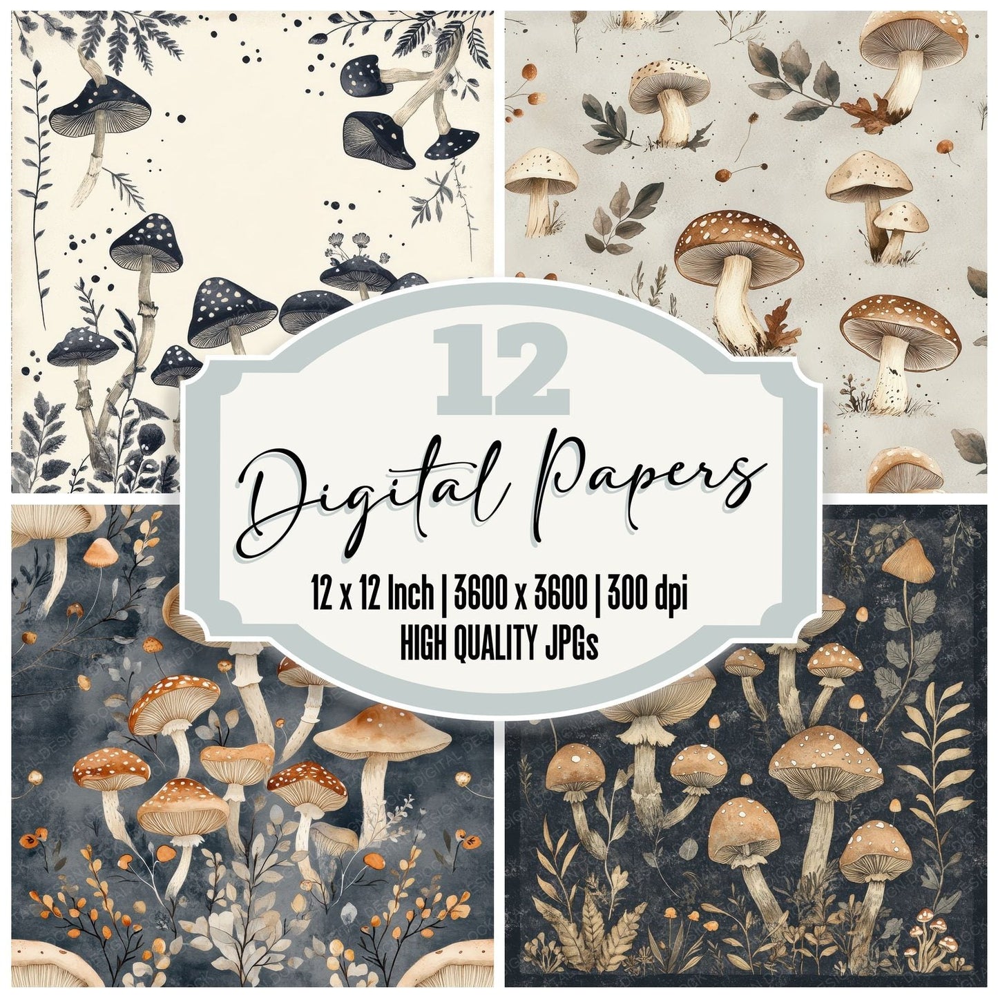 Folk Mushroom Frame Digital Paper Pack (DDD001763)
