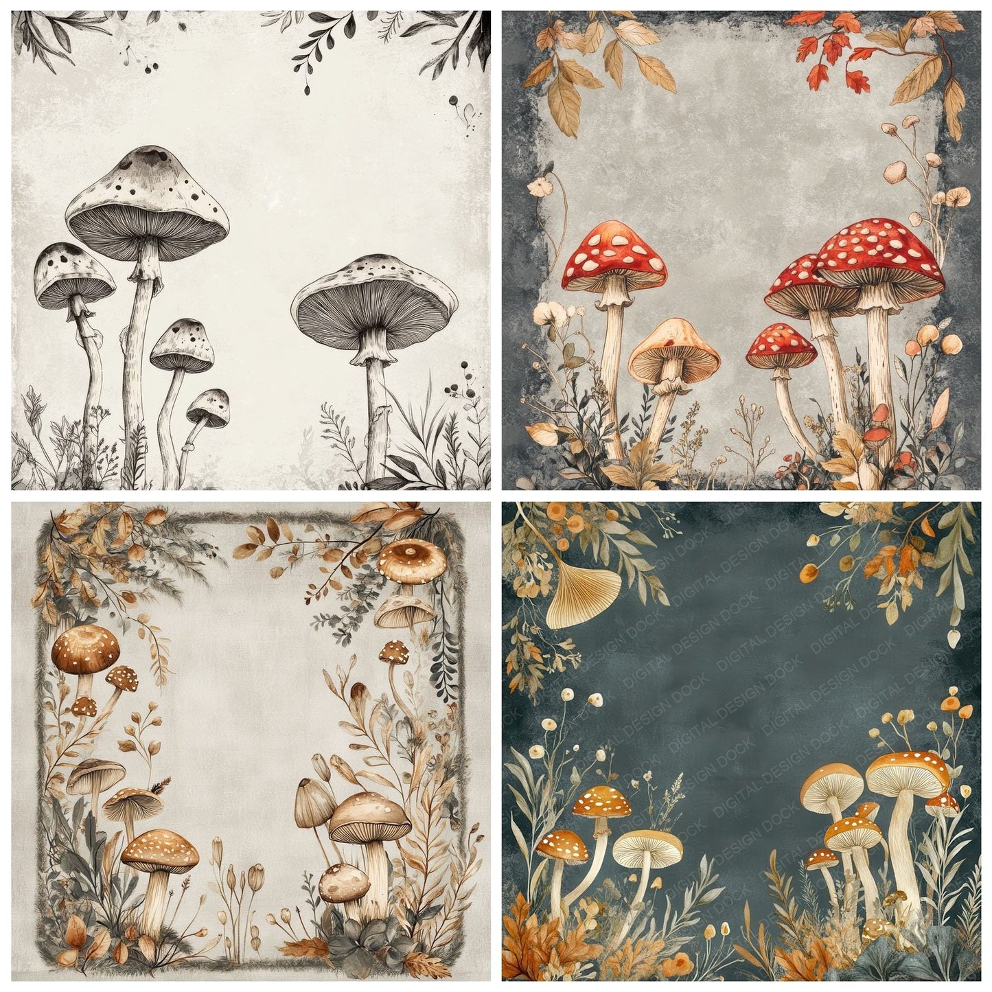 Folk Mushroom Frame Digital Paper Pack (DDD001763)