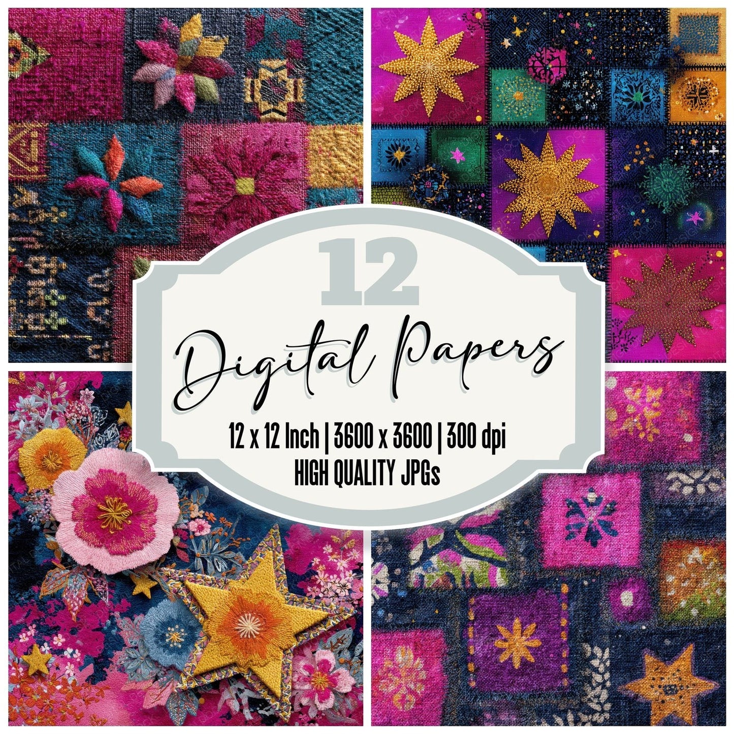 Folk Patch Embroidered Dye Clash Digital Paper Pack (DDD001764)