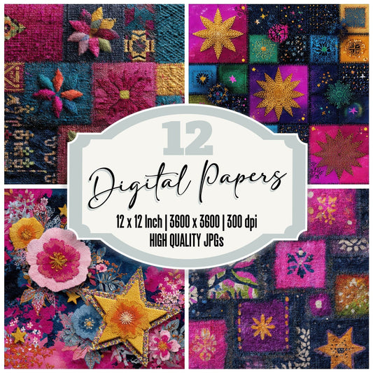 Folk Patch Embroidered Dye Clash Digital Paper Pack (DDD001764)