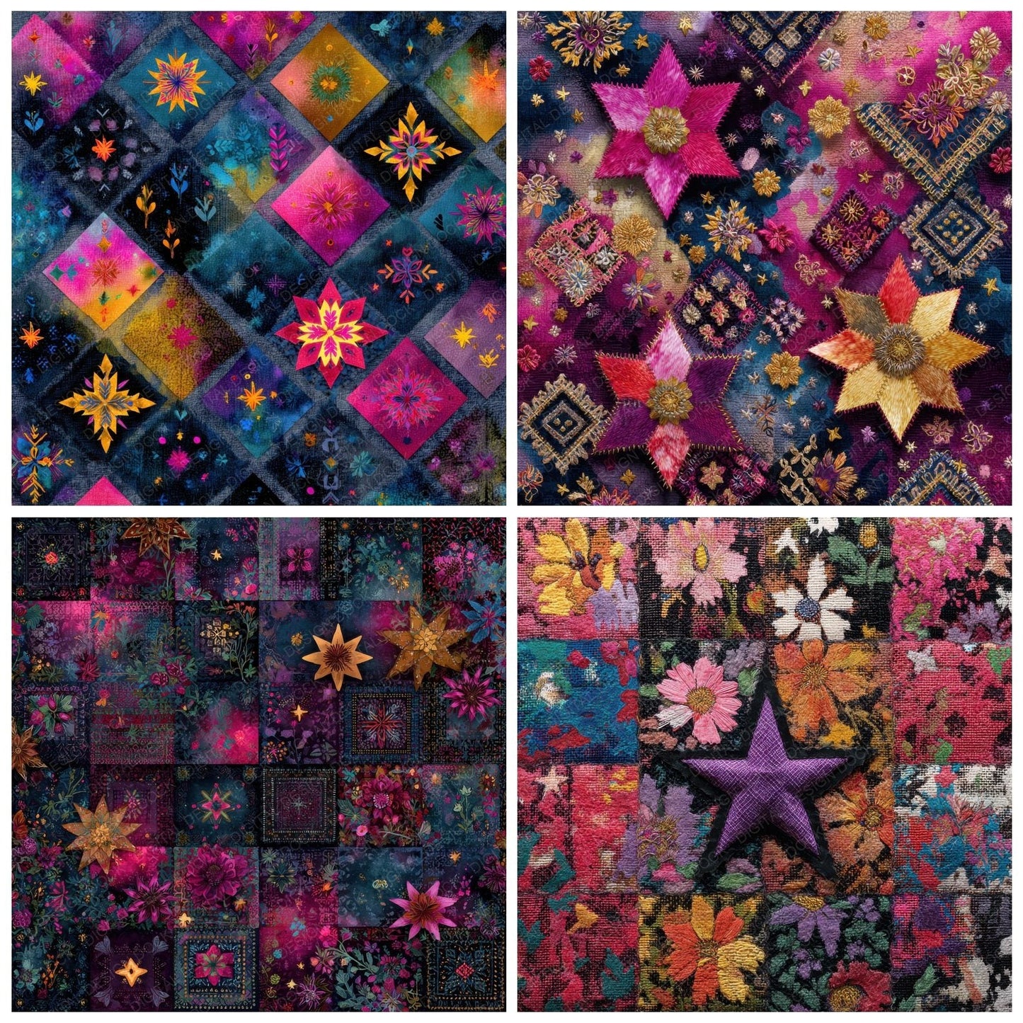 Folk Patch Embroidered Dye Clash Digital Paper Pack (DDD001764)