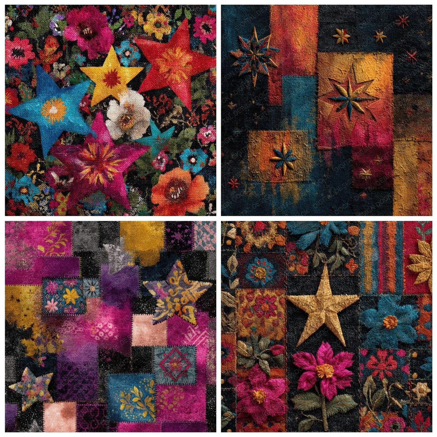 Folk Patch Embroidered Dye Clash Digital Paper Pack (DDD001764)