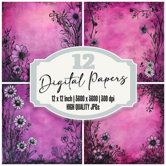 Fuchsia Daisy Sketch Digital Paper Pack (DDD001824)