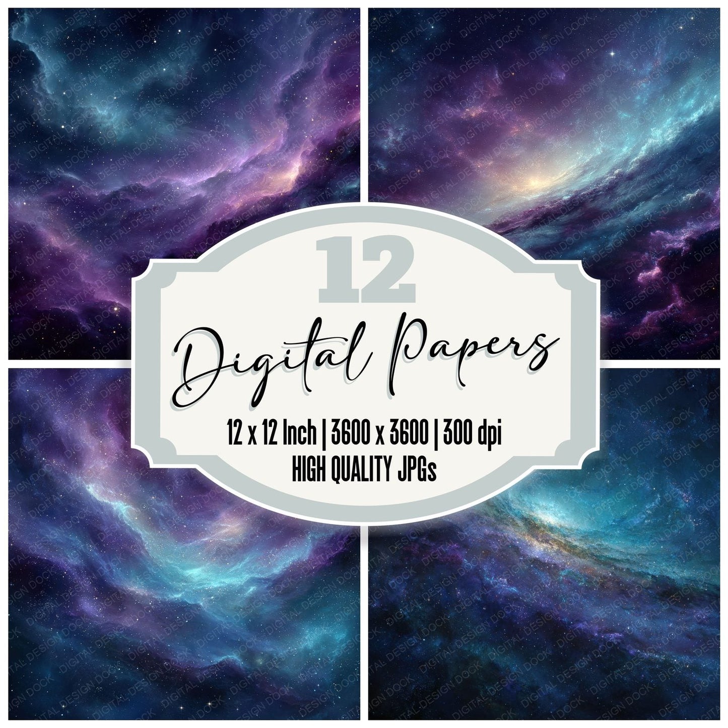 Galaxy Swirl Cyan Violet Cluster Glow Digital Paper Pack (DDD001834)
