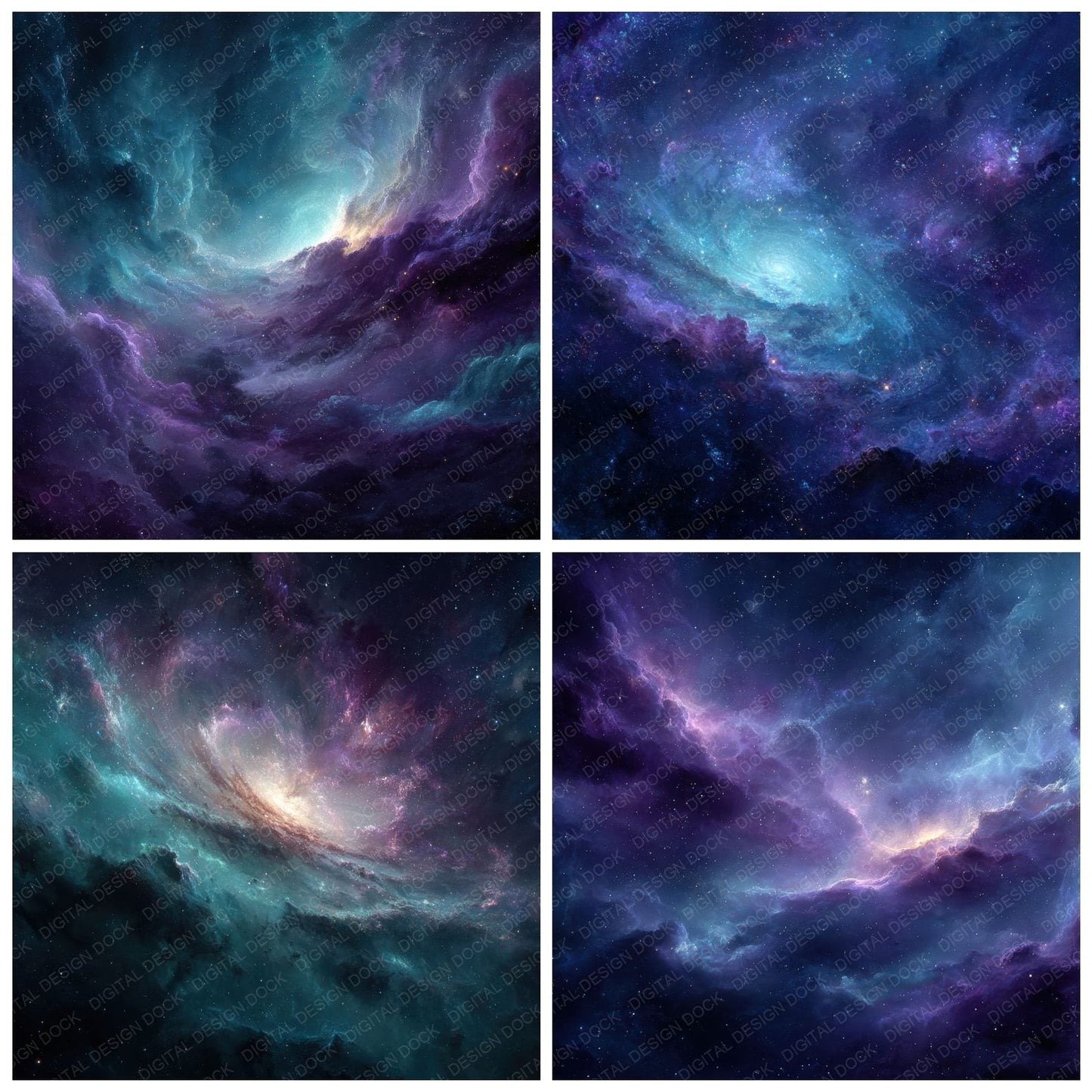 Galaxy Swirl Cyan Violet Cluster Glow Digital Paper Pack (DDD001834)