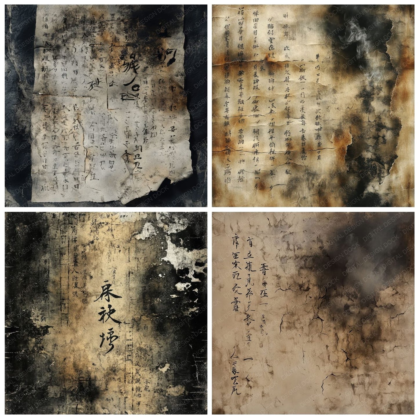 Ghostly Kanji Burnt Background Digital Paper Pack (DDD001849)