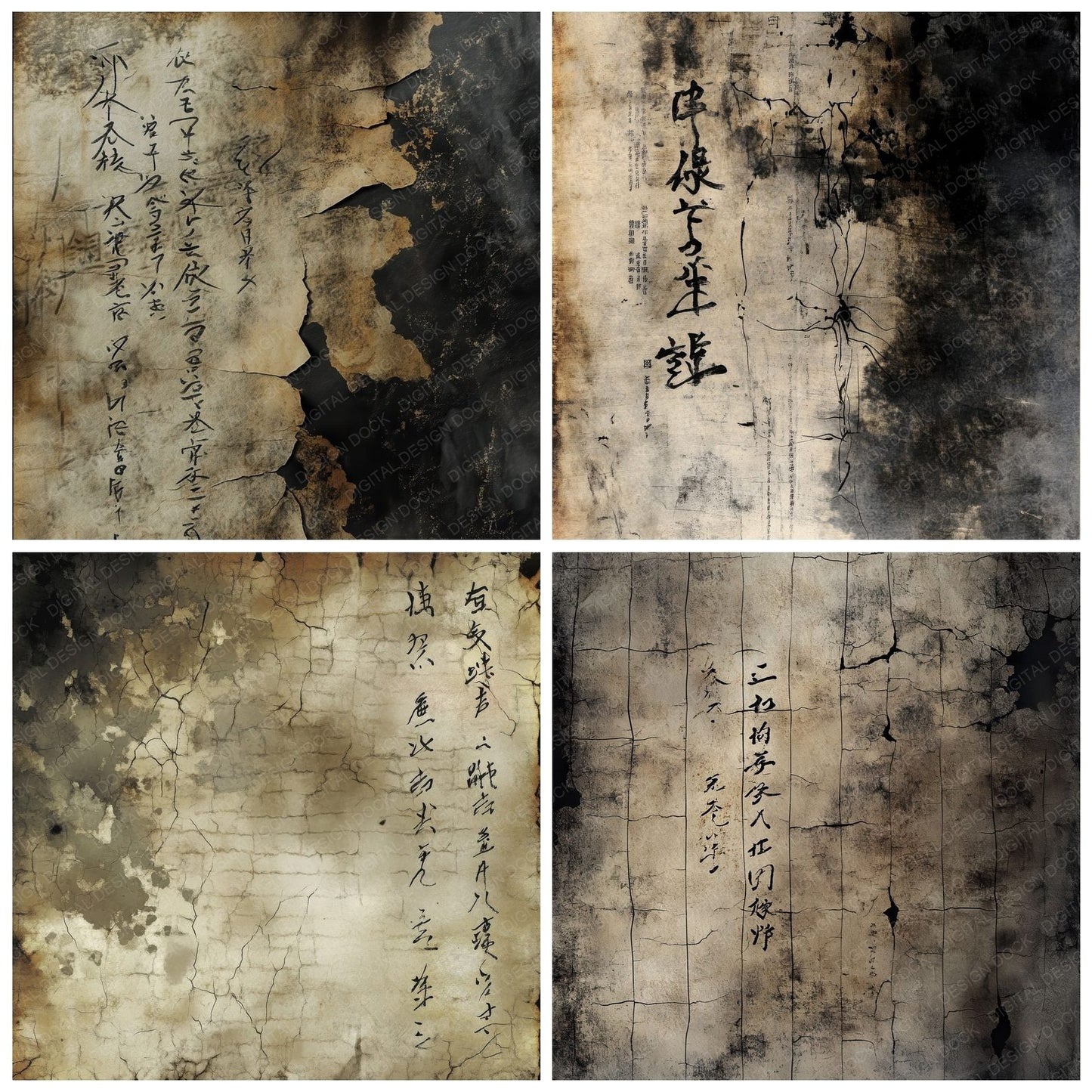 Ghostly Kanji Burnt Background Digital Paper Pack (DDD001849)