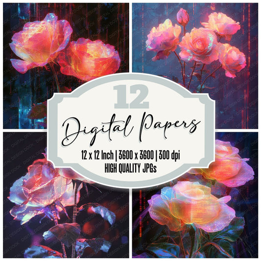 Glitch Neon Rose Digital Paper Pack (DDD001874)