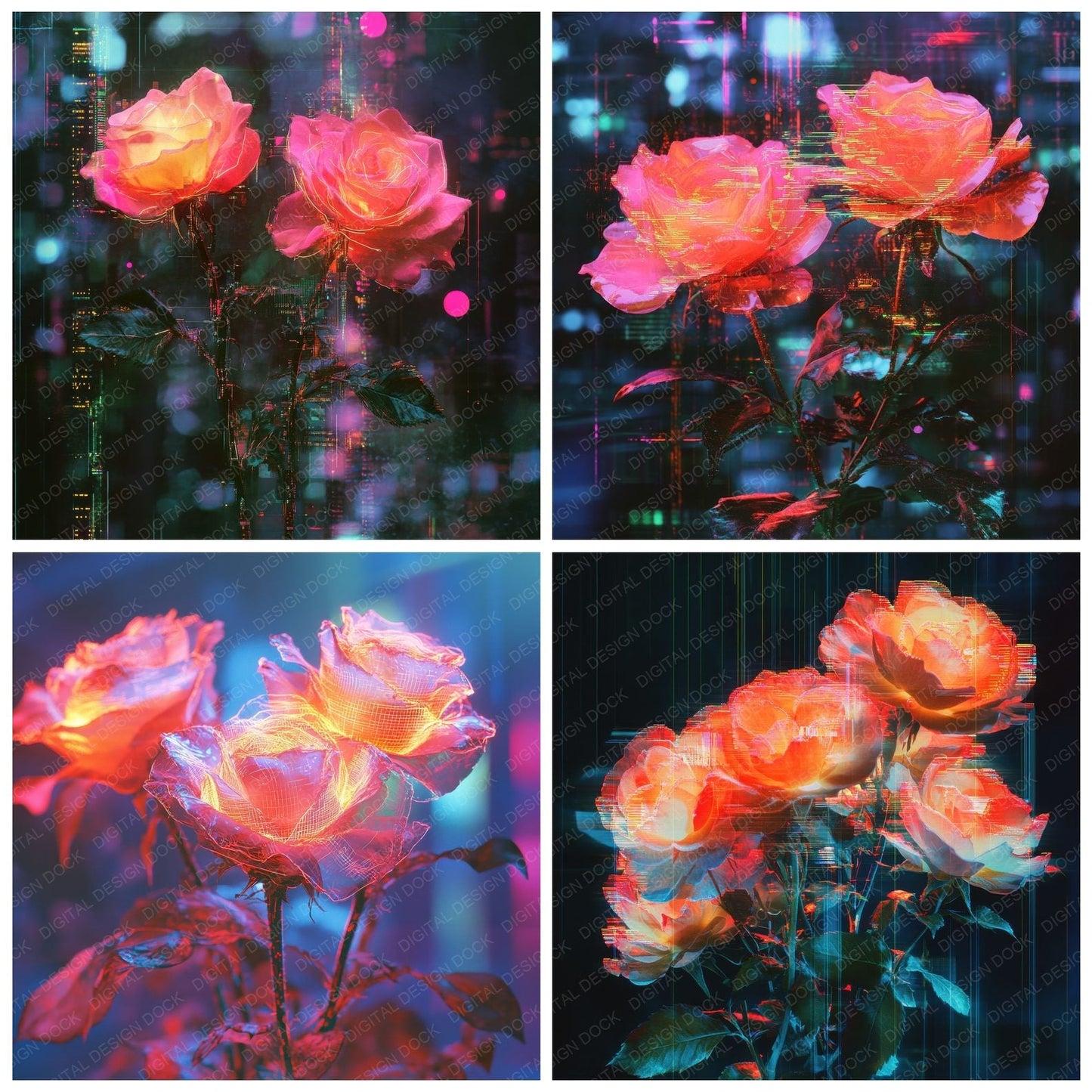 Glitch Neon Rose Digital Paper Pack (DDD001874)