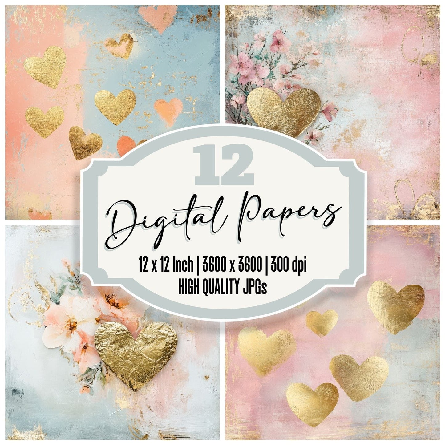 Gold Bloom Heart Digital Paper Pack (DDD001881)