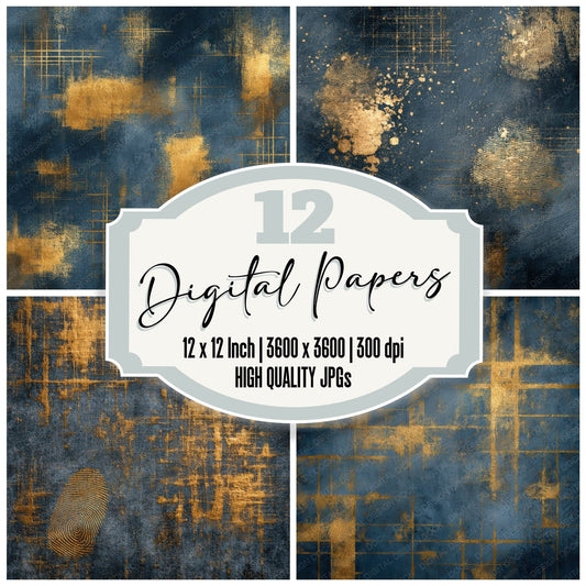 Gold Blue Flame Grid Overlay Digital Paper Pack (DDD001882)
