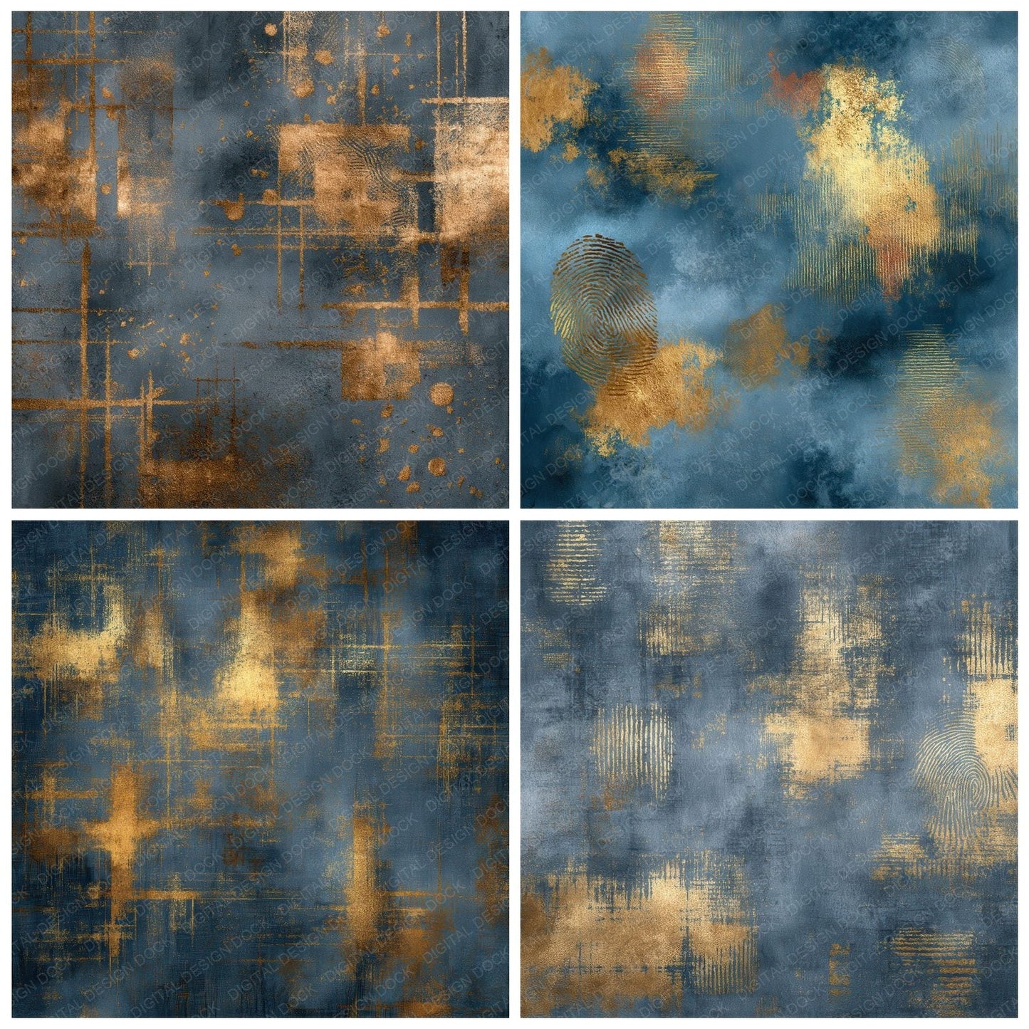 Gold Blue Flame Grid Overlay Digital Paper Pack (DDD001882)