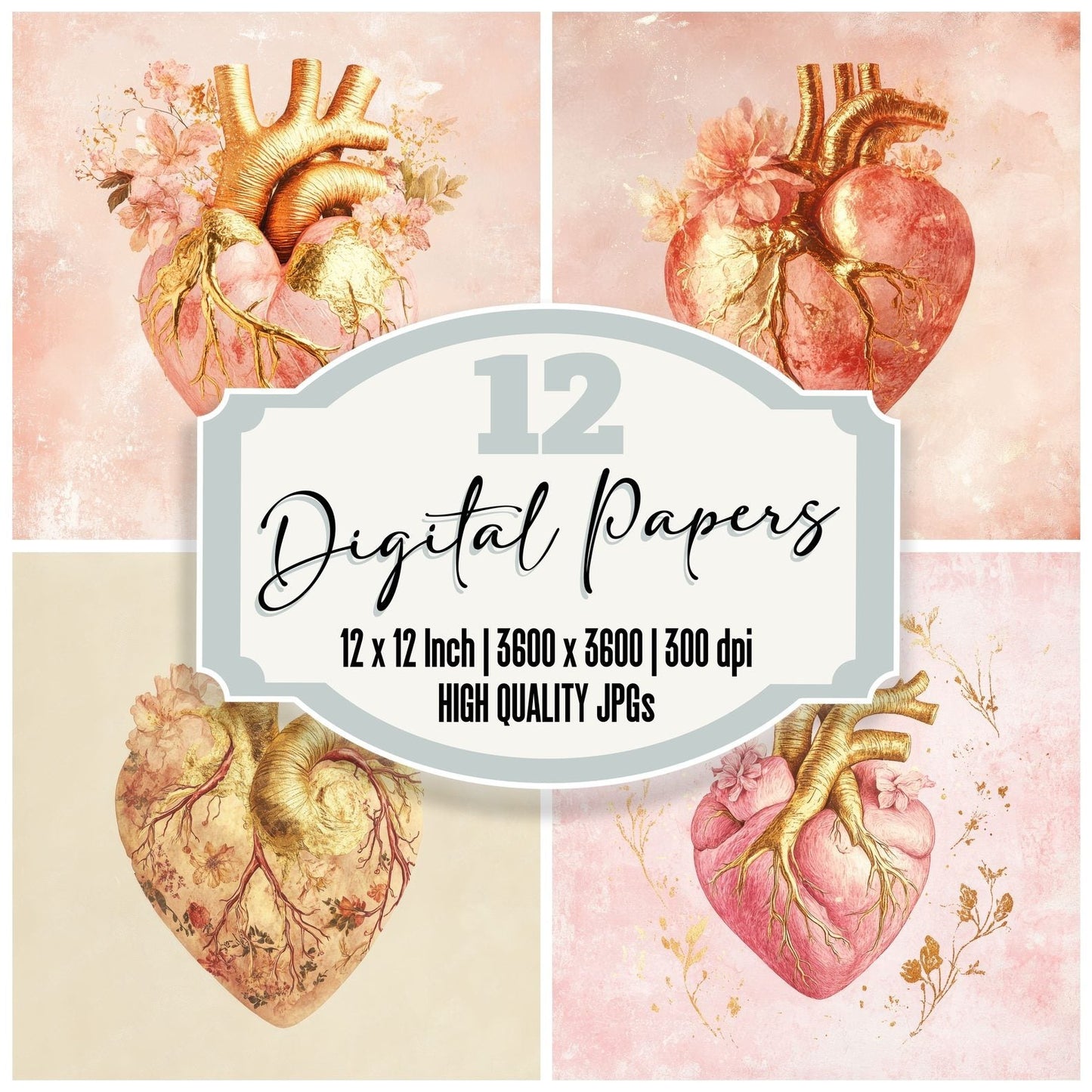 Gold Floral Heart Digital Paper Pack (DDD001884)