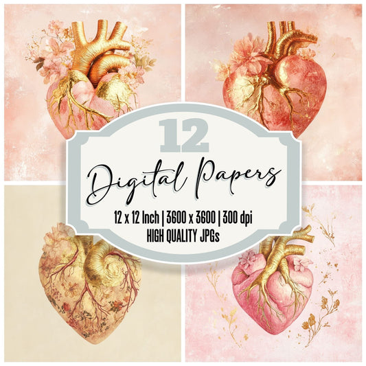 Gold Floral Heart Digital Paper Pack (DDD001884)
