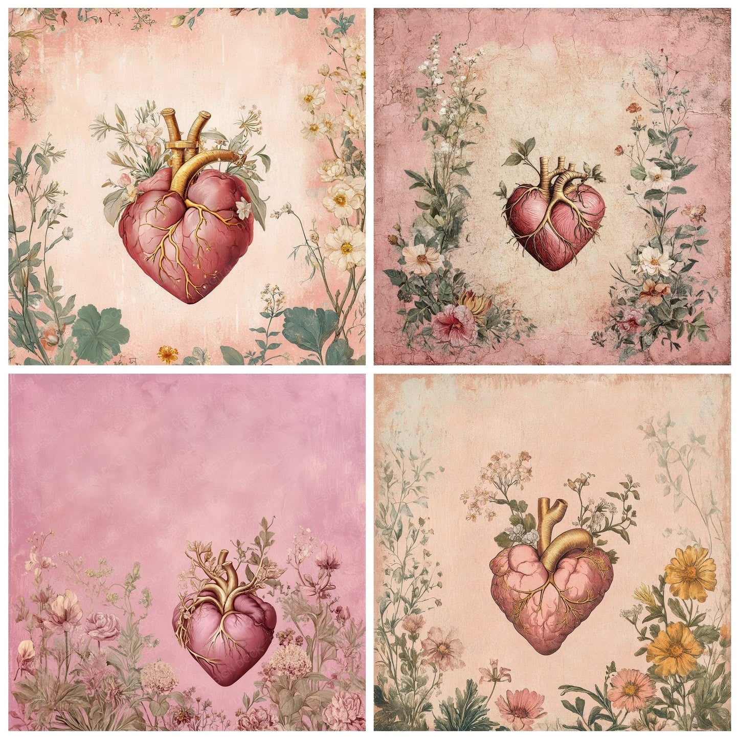 Gold Heart Bloom Digital Paper Pack (DDD001885)