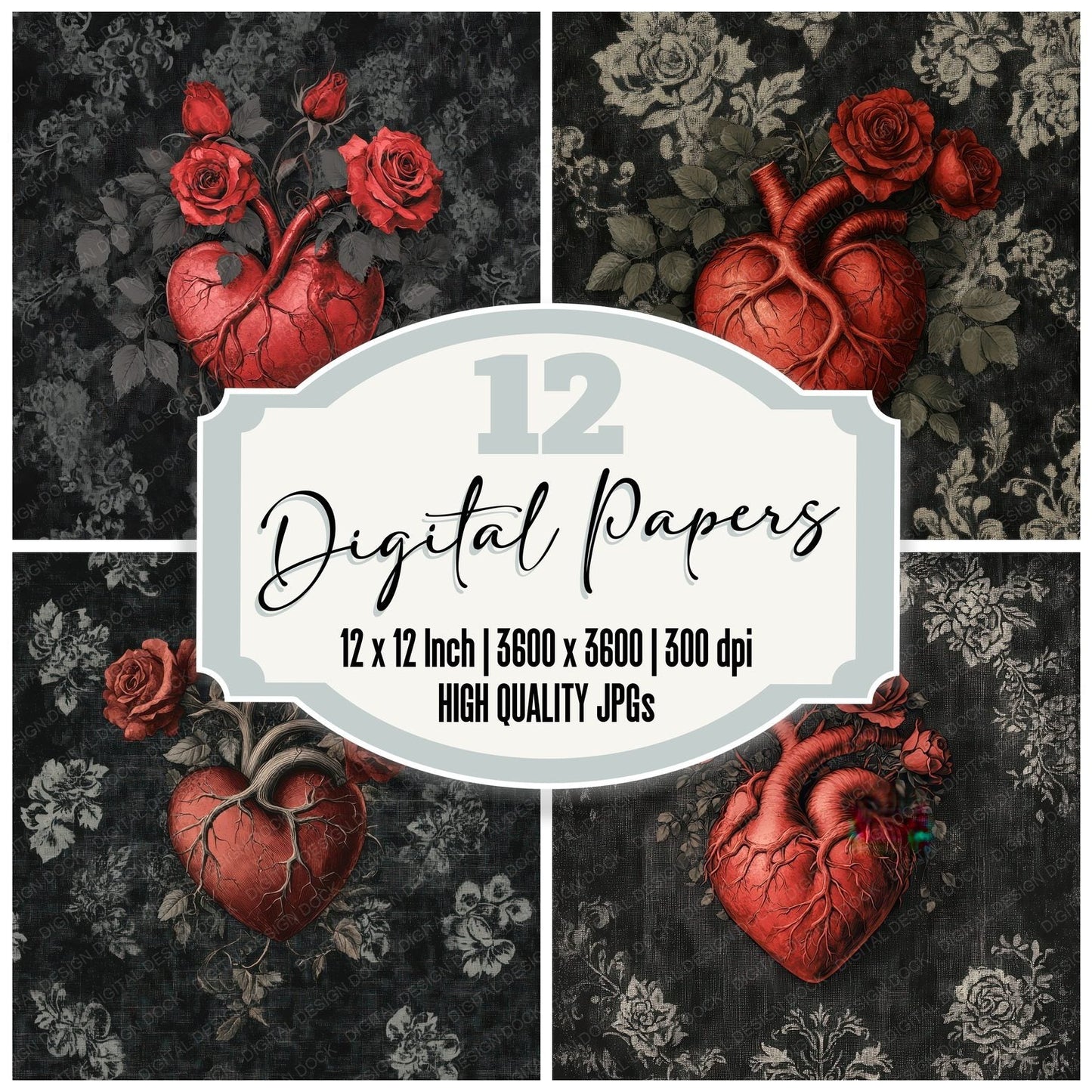 Gothic Rose Heart Digital Paper Pack (DDD001917)