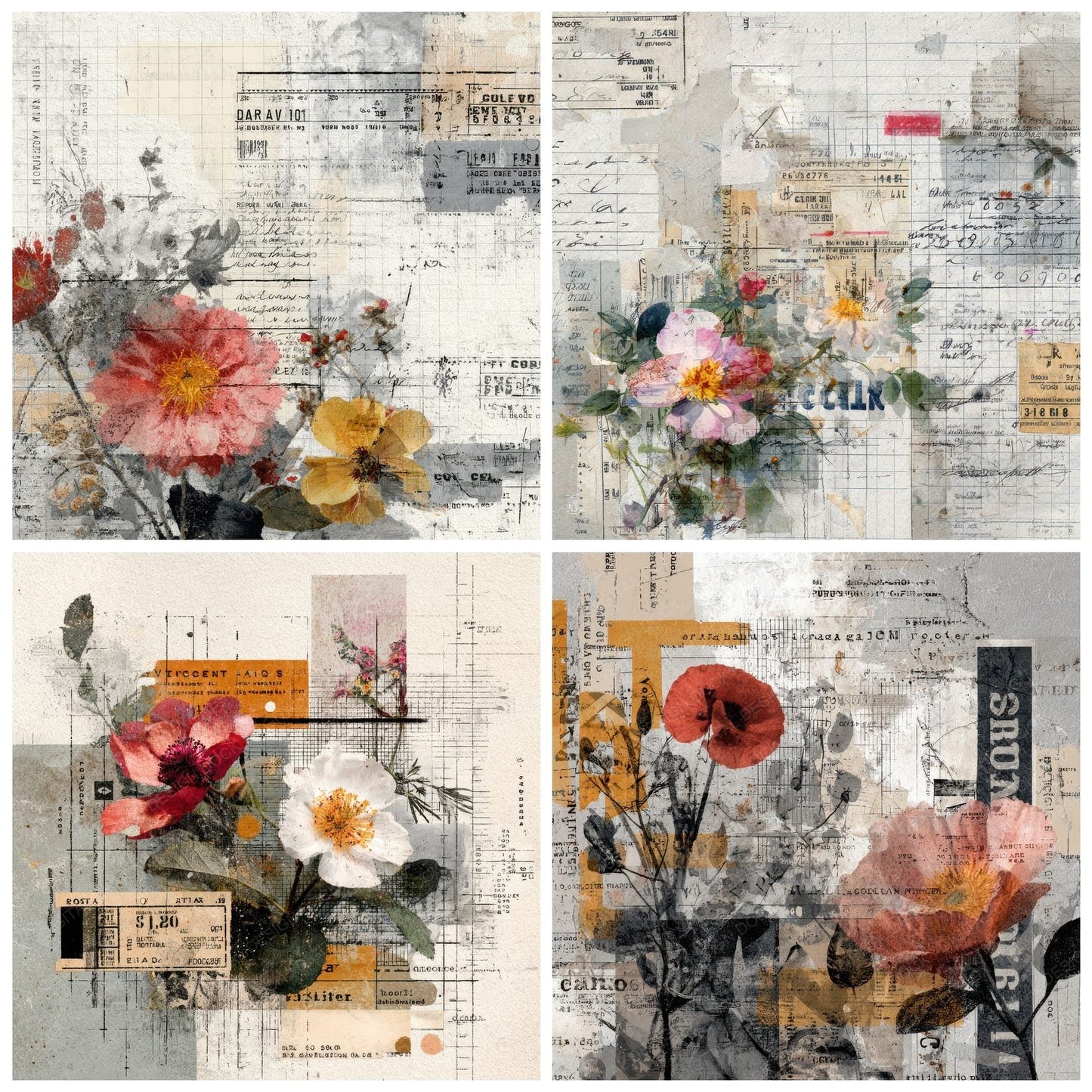 Grid Floral Ticket Text Digital Paper Pack (DDD001952)
