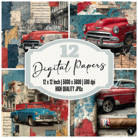 Havana Collage Vintage Car Music Peel Digital Paper Pack (DDD001999)