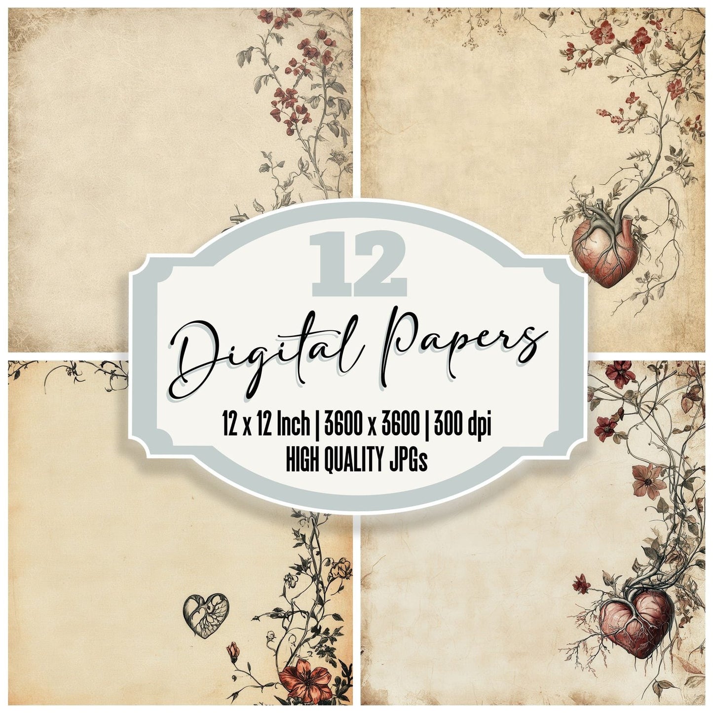 Heart Parchment Sketch Digital Paper Pack (DDD002002)