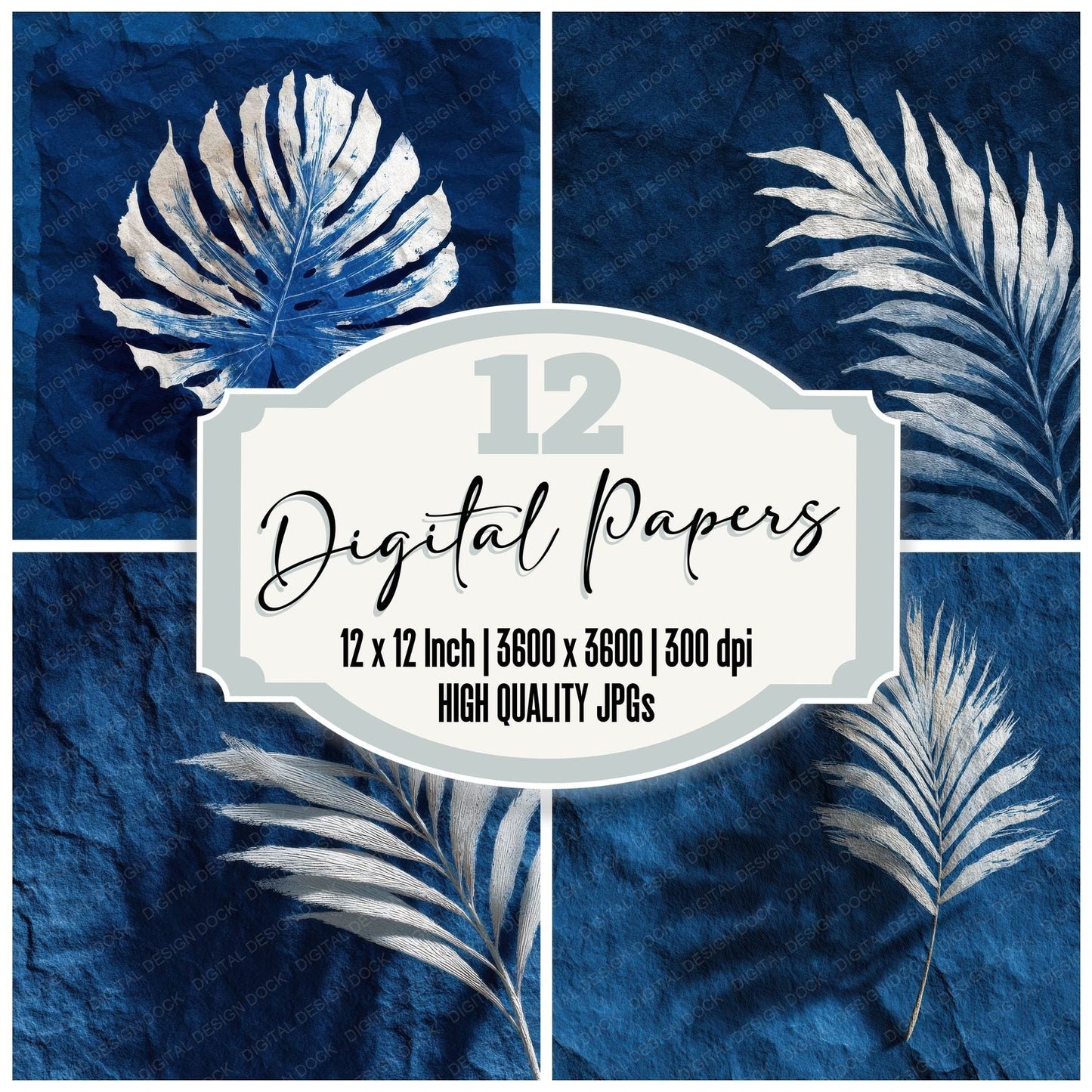 Indigo White Palm Stroke Digital Paper Pack (DDD002081)