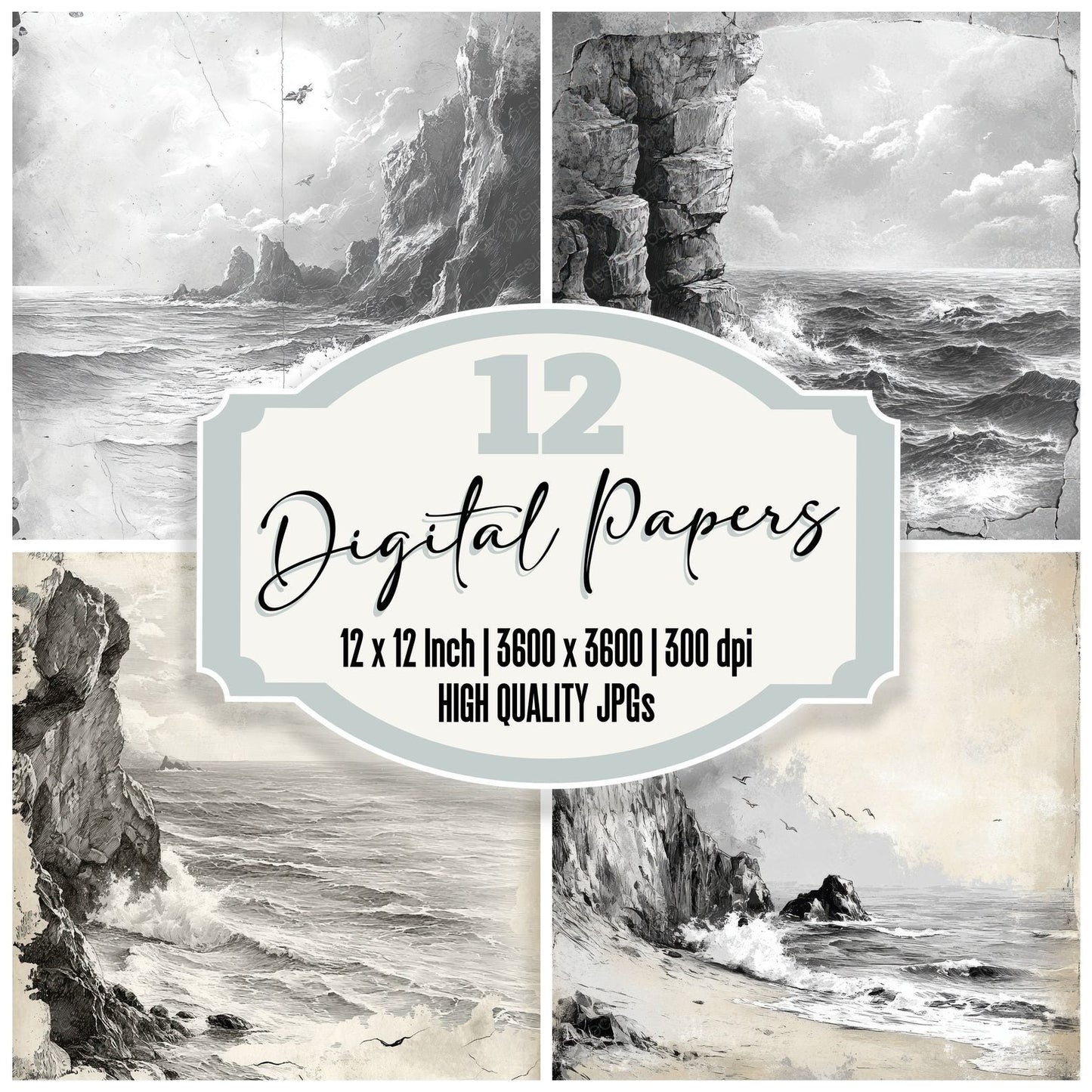 Ink Clifftop Sea Sketch Digital Paper Pack (DDD002095)