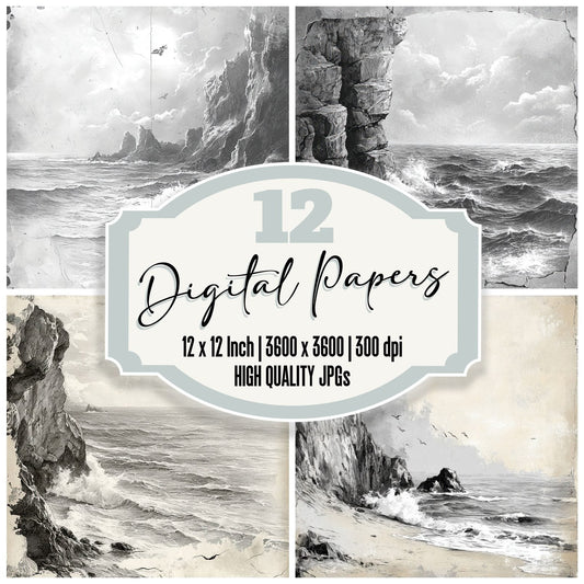 Ink Clifftop Sea Sketch Digital Paper Pack (DDD002095)