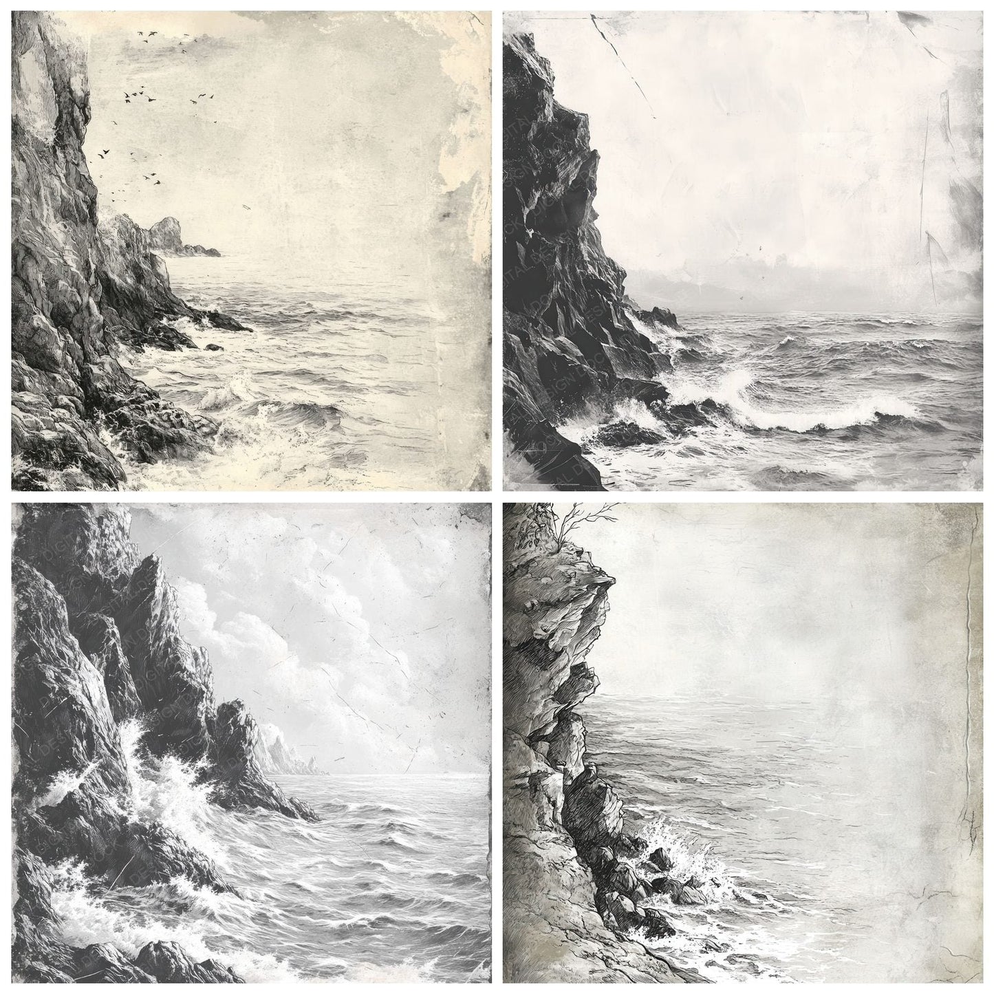 Ink Clifftop Sea Sketch Digital Paper Pack (DDD002095)