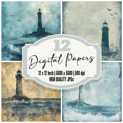 Ink Lighthouse Coast digital paper pack cover showing four of the 12 papers