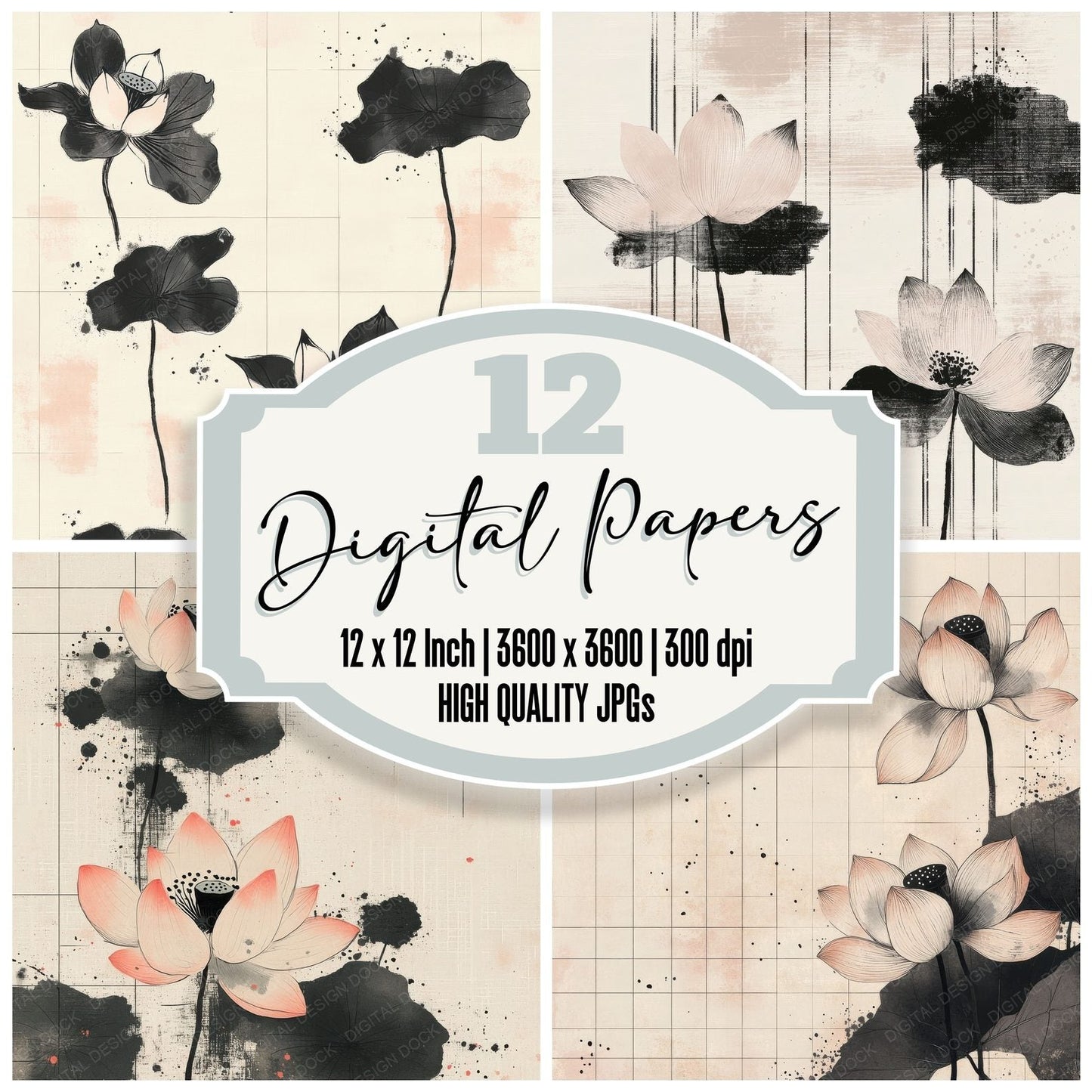 Ink Lotus Grid Digital Paper Pack (DDD002111)