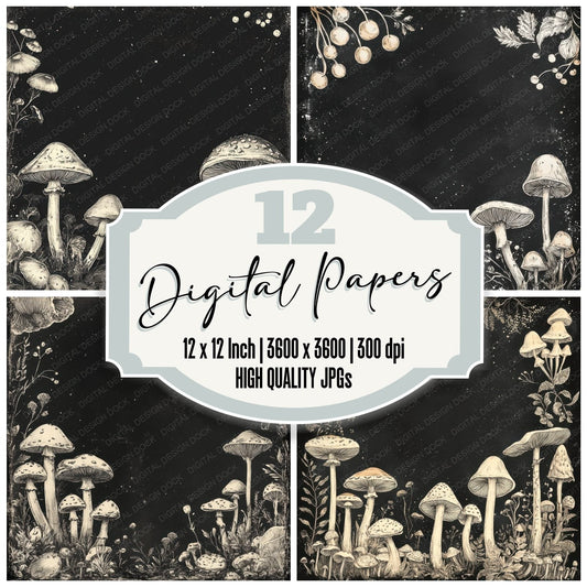 Ink Mushroom Border Digital Paper Pack (DDD002113)