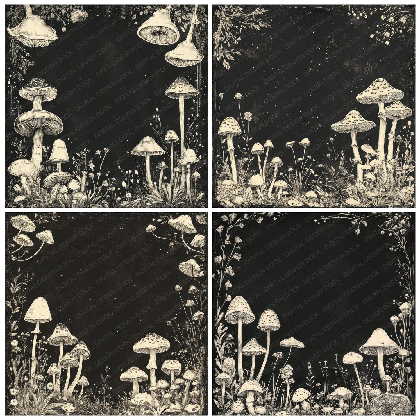 Ink Mushroom Border Digital Paper Pack (DDD002113)