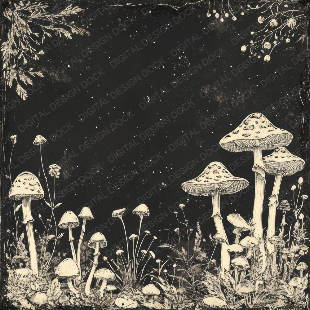 Ink Mushroom Border Digital Paper Pack (DDD002113)