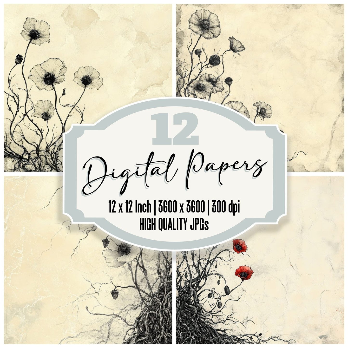 Ink Poppy Root Botanical Digital Paper Pack (DDD002119)