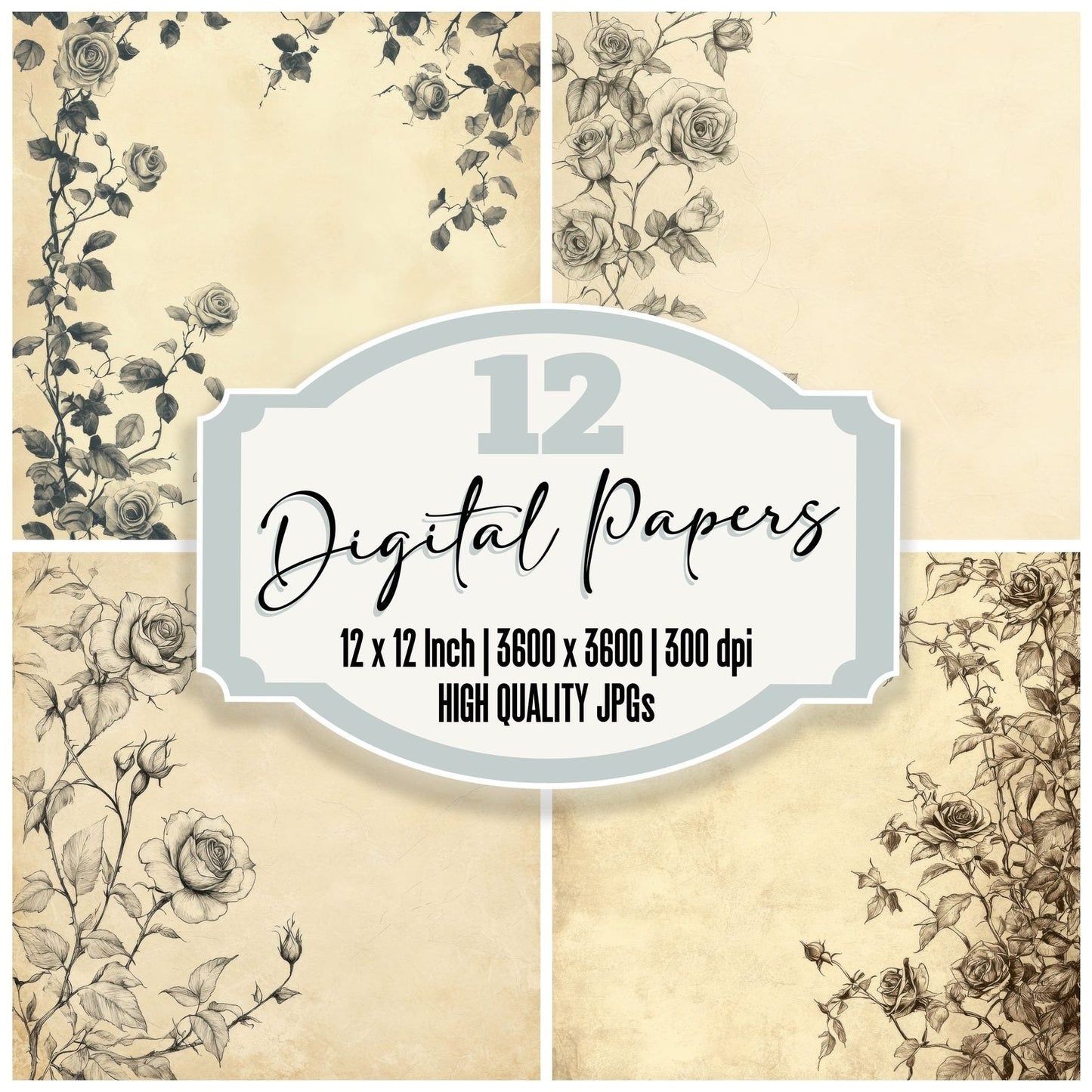 Ink Rose Vine Botanical Digital Paper Pack (DDD002123)