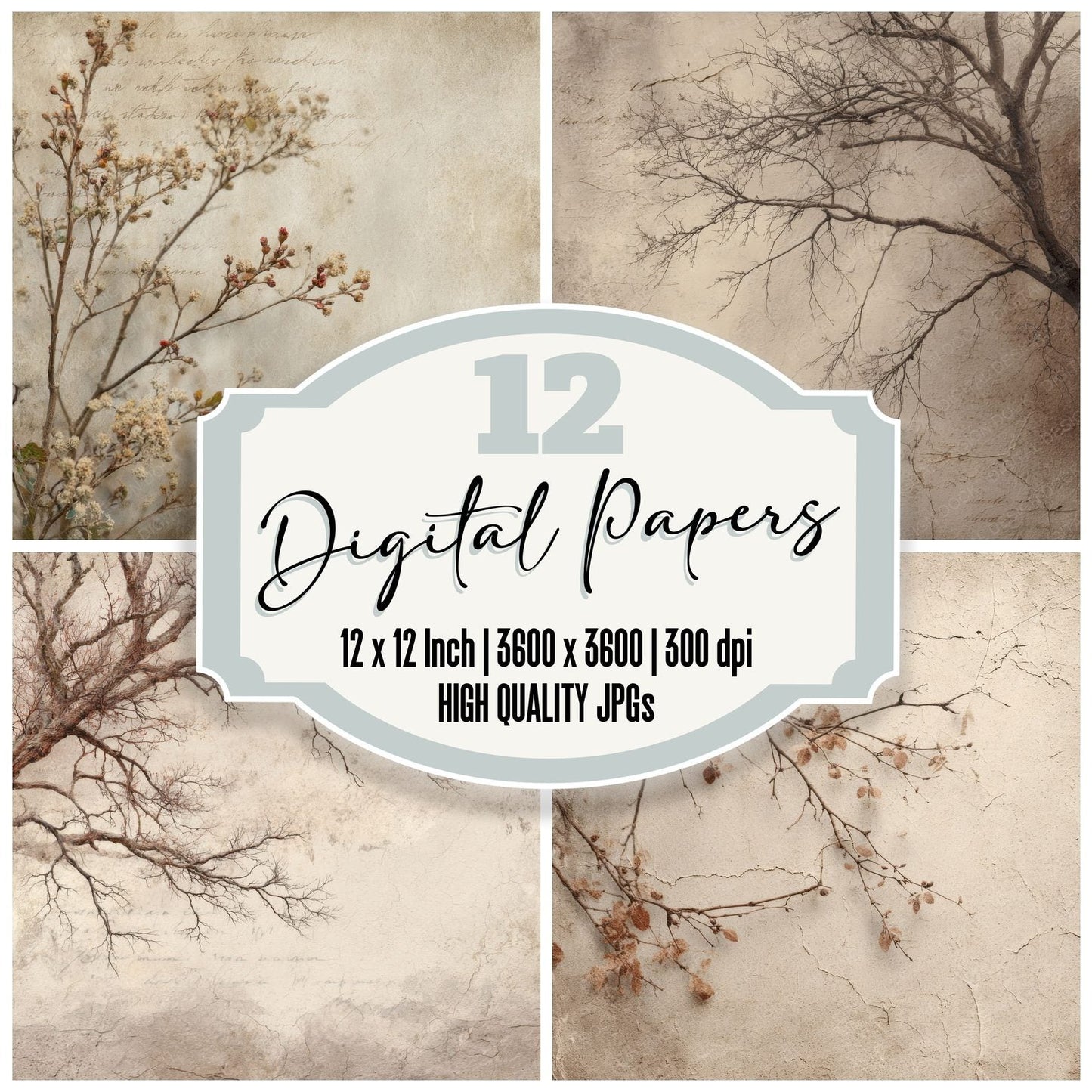 Ivory Branch Sepia Wipe Grain Digital Paper Pack (DDD002166)