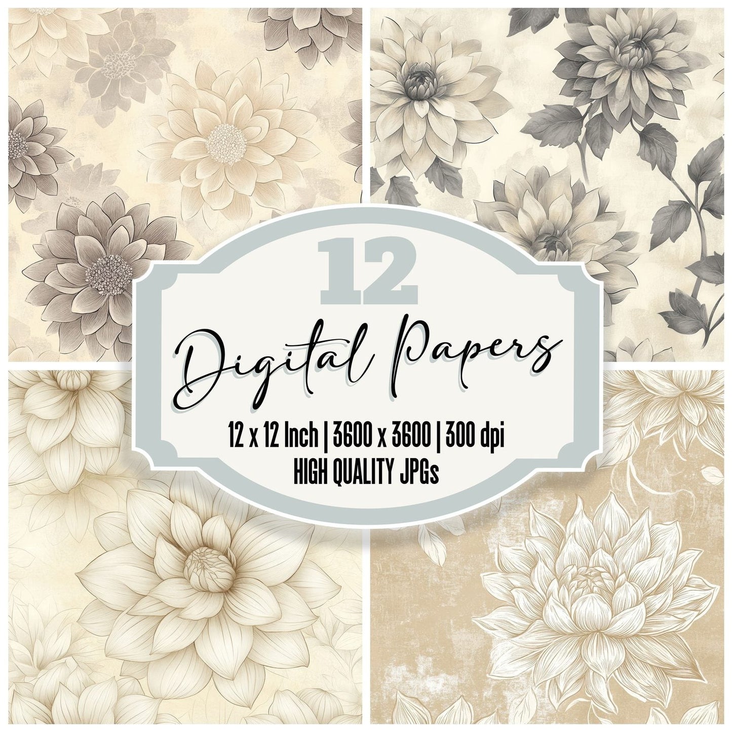 Ivory Dahlia Outline Digital Paper Pack (DDD002167)