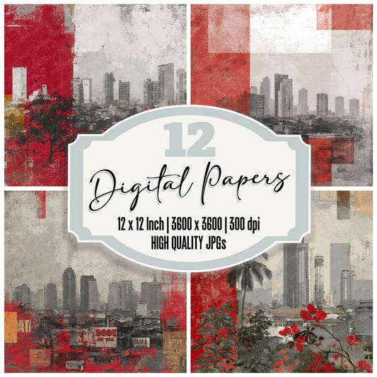 Jakarta Collage Batik Skyline Fade Digital Paper Pack (DDD002193)