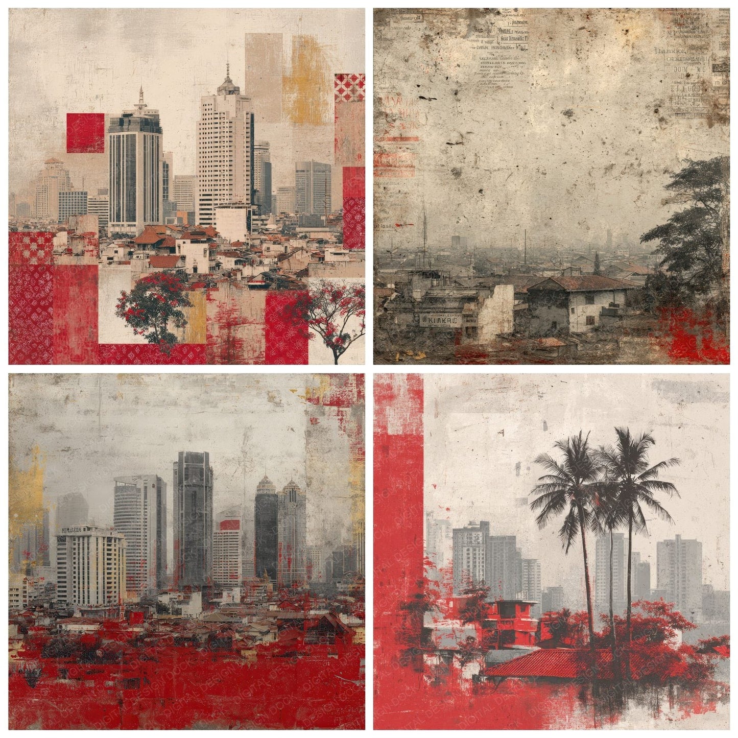 Jakarta Collage Batik Skyline Fade Digital Paper Pack (DDD002193)