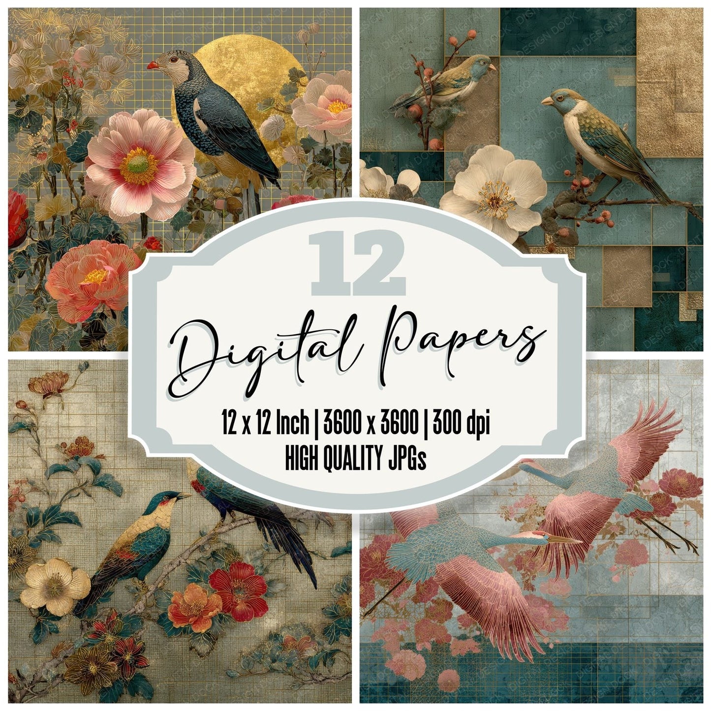 Jakuchu Floral Grid Gold Pigment Digital Paper Pack (DDD002194)