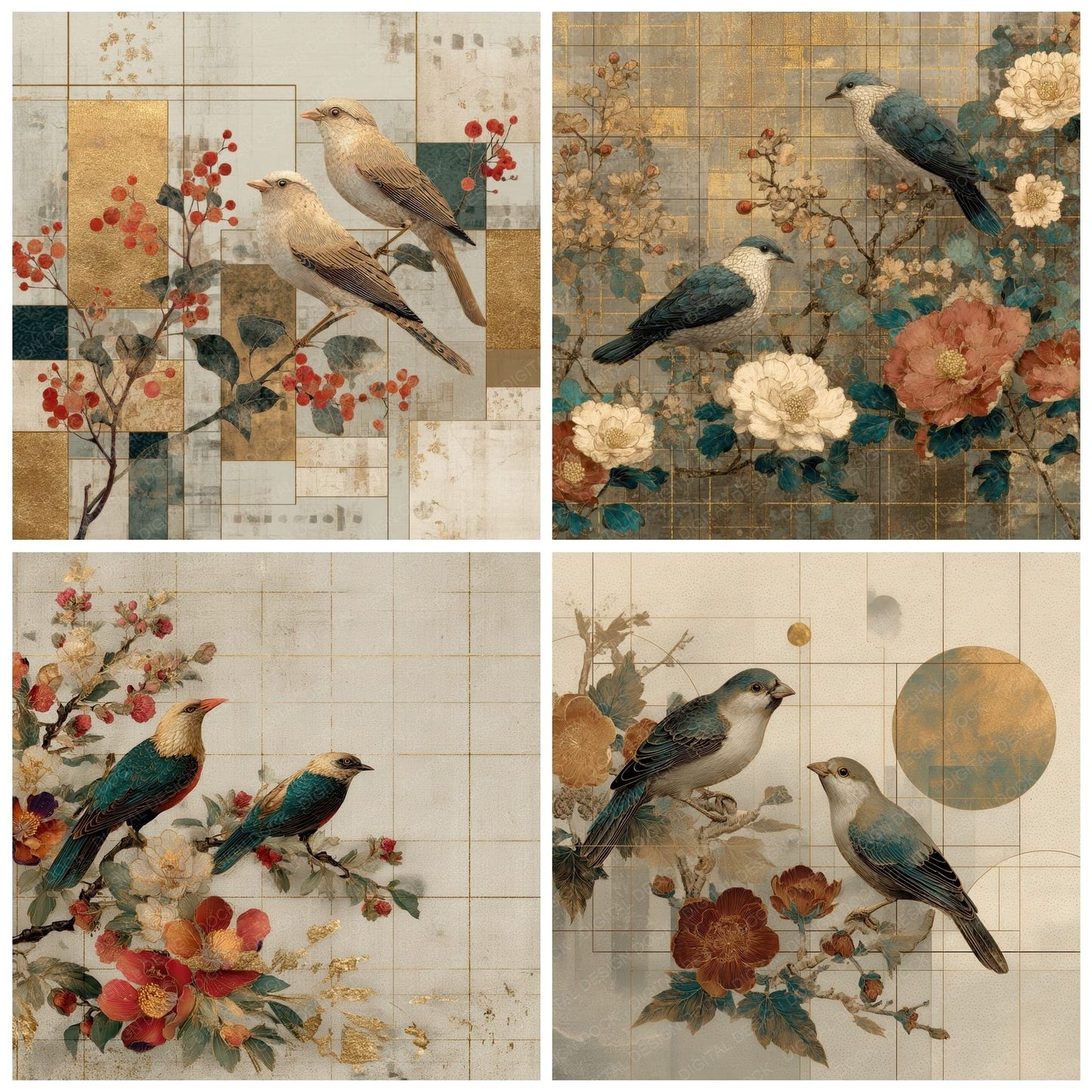 Jakuchu Floral Grid Gold Pigment Digital Paper Pack (DDD002194)