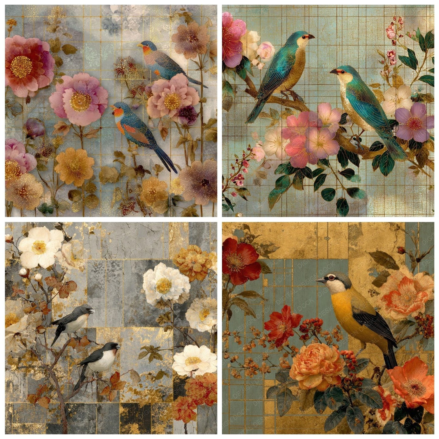Jakuchu Floral Grid Gold Pigment Digital Paper Pack (DDD002194)